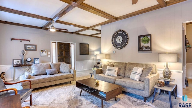 living room featuring beam ceiling, ceiling fan, and coffered ceiling