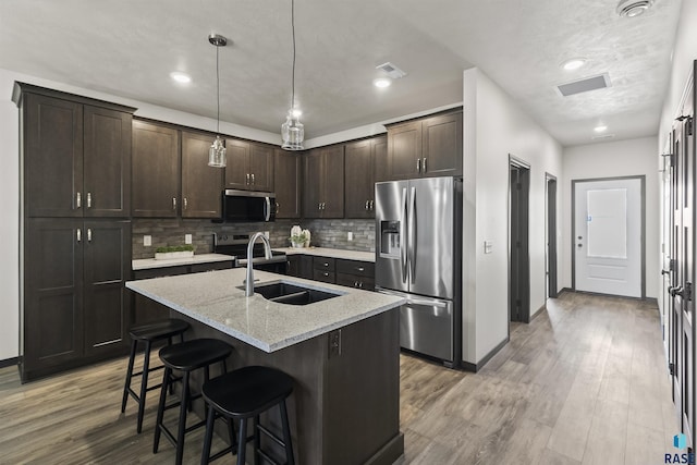 kitchen with stainless steel appliances, visible vents, a sink, dark brown cabinetry, and decorative backsplash