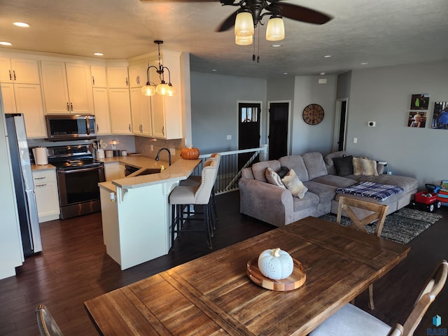 interior space with ceiling fan with notable chandelier, a textured ceiling, sink, and dark hardwood / wood-style flooring