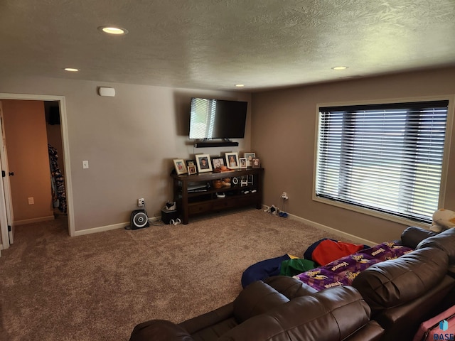 carpeted living room featuring a textured ceiling