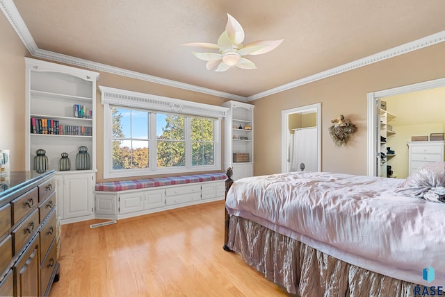 bedroom with a spacious closet, a closet, light wood-type flooring, ceiling fan, and ornamental molding