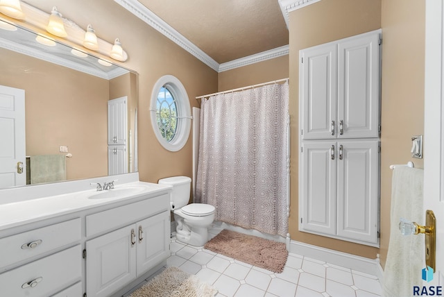 bathroom with ornamental molding, vanity, toilet, and a shower with curtain