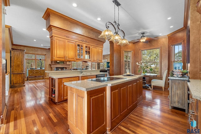 kitchen with decorative light fixtures, a wealth of natural light, dark hardwood / wood-style floors, and a center island