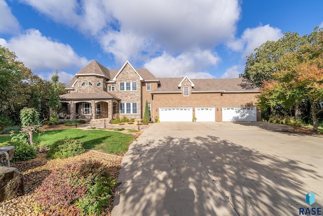 view of front of house with a front yard and a garage