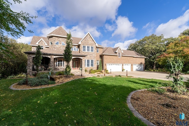 view of front facade featuring a garage, a porch, and a front lawn