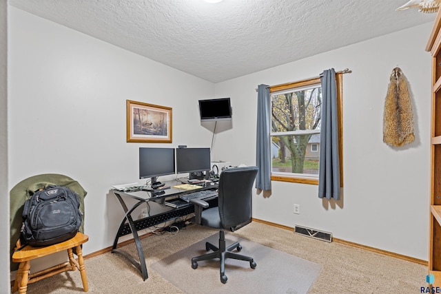 office space featuring light carpet and a textured ceiling