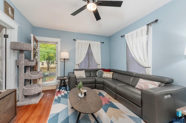 living room with wood-type flooring and ceiling fan