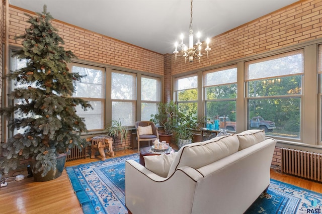 living room featuring wood-type flooring, radiator heating unit, and a wealth of natural light