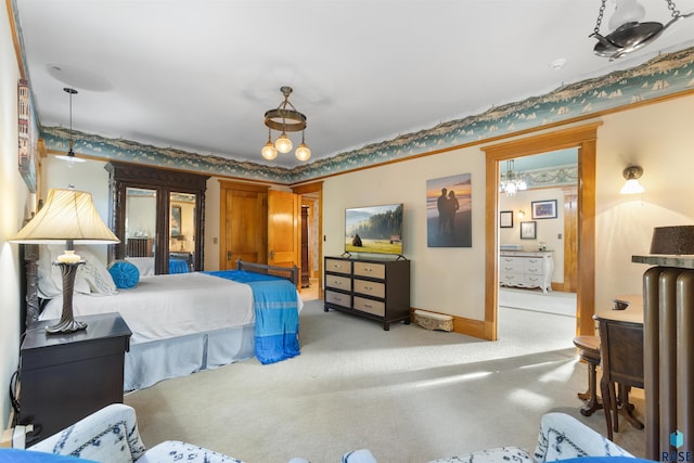 bedroom featuring light colored carpet