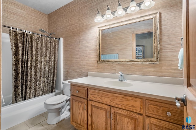 full bathroom featuring toilet, shower / bathtub combination with curtain, vanity, and tile patterned floors