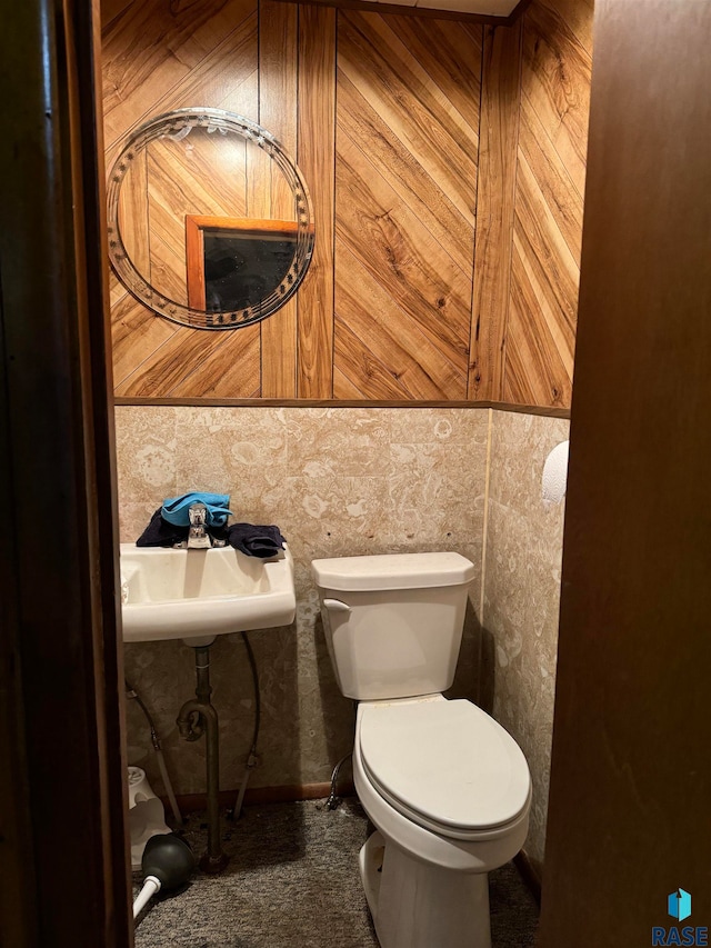 bathroom with toilet, sink, and wooden walls