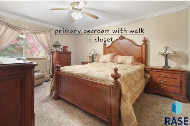 bedroom featuring ceiling fan, ornamental molding, and carpet floors