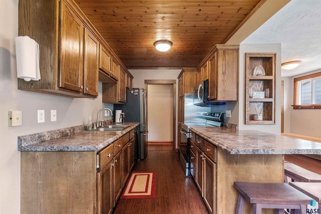 kitchen featuring stainless steel appliances, sink, a kitchen breakfast bar, dark wood-type flooring, and wooden ceiling