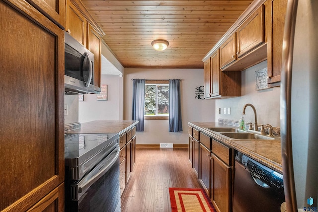 kitchen with dark hardwood / wood-style flooring, wood ceiling, sink, and stainless steel appliances