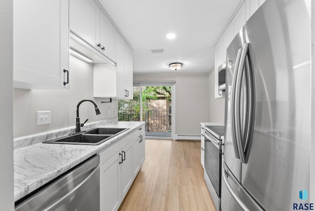 kitchen featuring white cabinetry, light hardwood / wood-style flooring, sink, baseboard heating, and stainless steel appliances