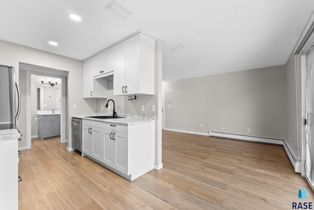 kitchen with white cabinetry, light hardwood / wood-style floors, appliances with stainless steel finishes, and sink