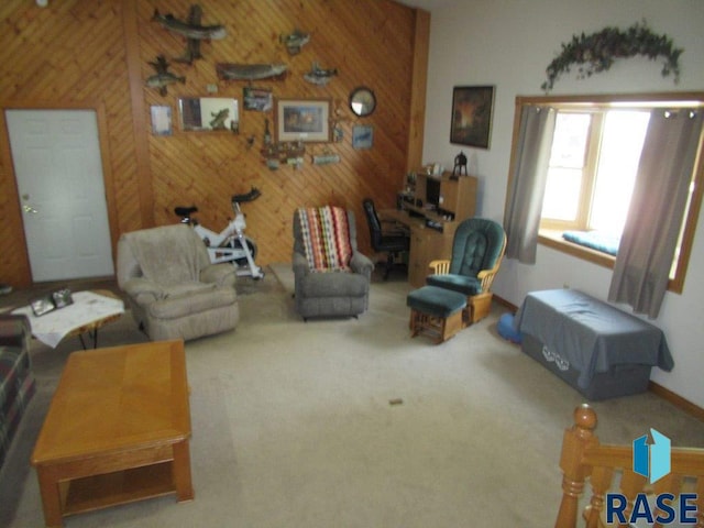 living room with wood walls