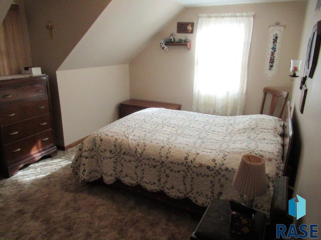 carpeted bedroom with lofted ceiling