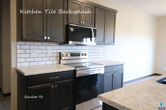 kitchen with dark brown cabinets, tasteful backsplash, and appliances with stainless steel finishes