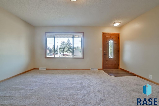 foyer entrance with a healthy amount of sunlight, carpet floors, and a textured ceiling