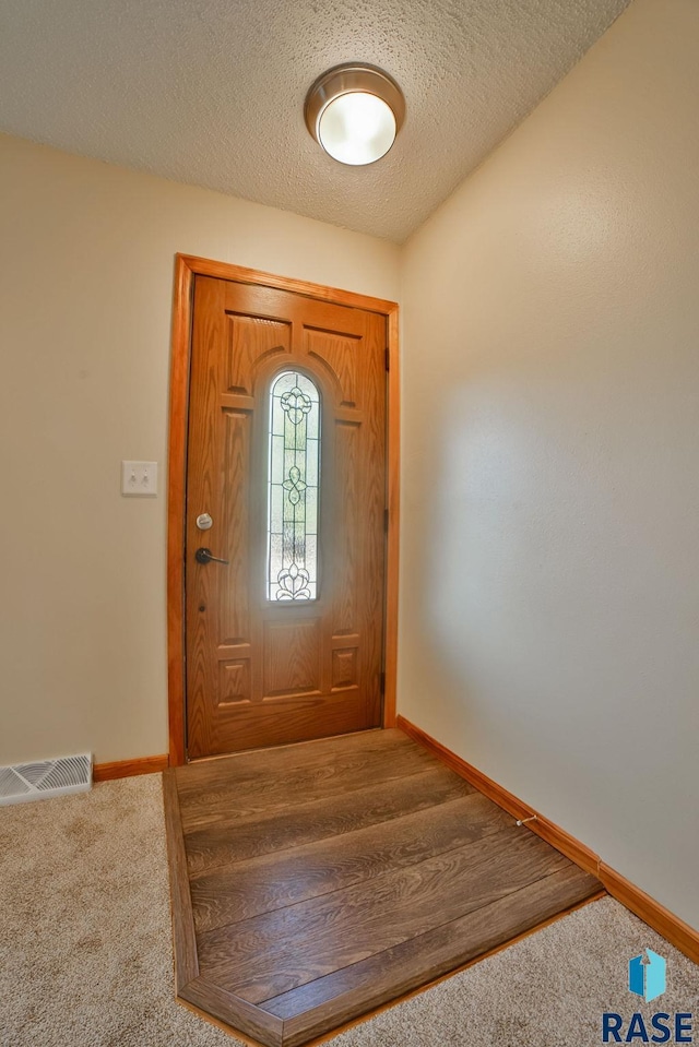 carpeted entryway with a textured ceiling