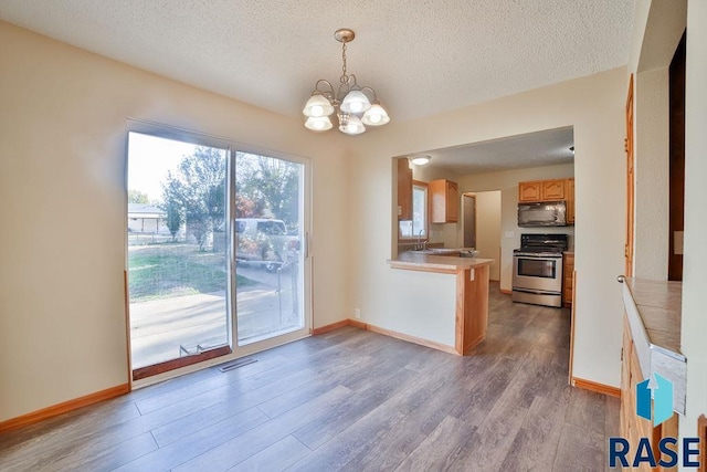 unfurnished dining area featuring hardwood / wood-style flooring, sink, a notable chandelier, and a textured ceiling