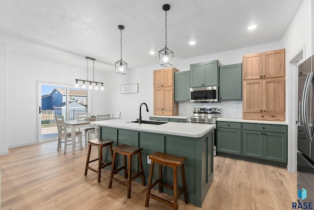 kitchen featuring pendant lighting, light hardwood / wood-style flooring, an island with sink, and stainless steel appliances