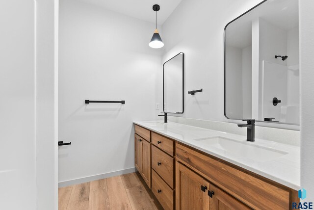 bathroom with vanity and wood-type flooring