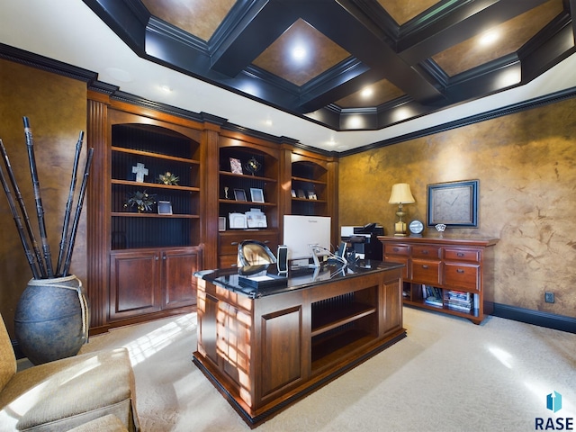 office space with beam ceiling, ornamental molding, coffered ceiling, and light colored carpet