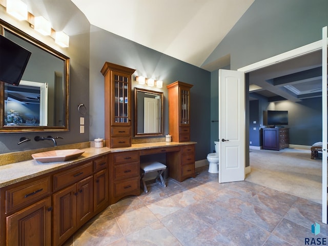 bathroom with vanity, lofted ceiling, and toilet