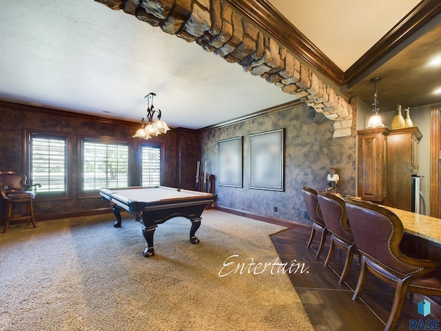 game room featuring crown molding, a notable chandelier, billiards, and dark carpet