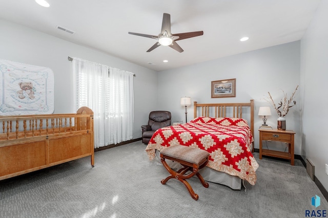 carpeted bedroom featuring ceiling fan