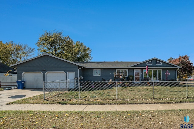 single story home with a front yard and a garage