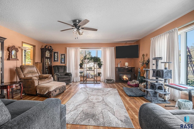 living room with ceiling fan, hardwood / wood-style flooring, a textured ceiling, and plenty of natural light