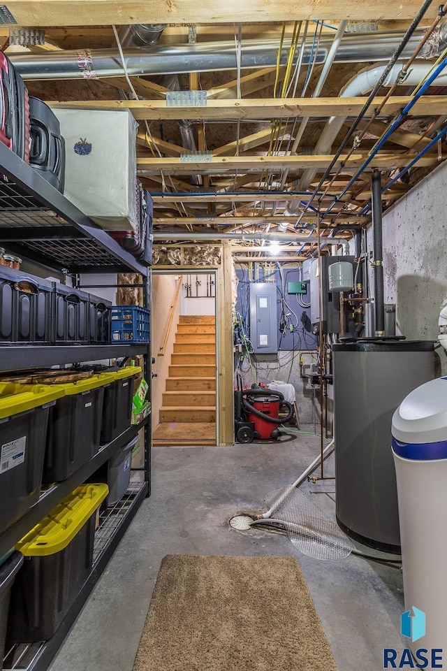 basement with gas water heater and electric panel