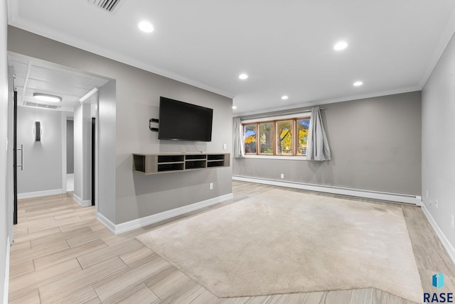 unfurnished living room with light wood-type flooring, crown molding, and baseboard heating