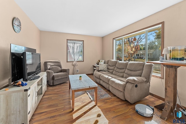 living room with dark hardwood / wood-style floors