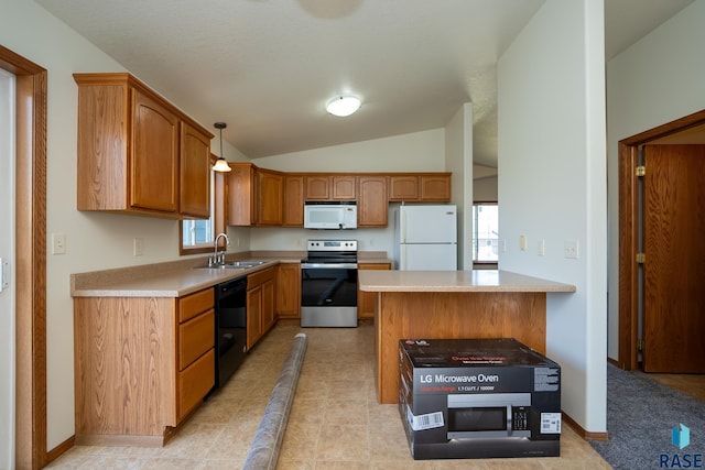 kitchen featuring sink, white appliances, vaulted ceiling, and hanging light fixtures