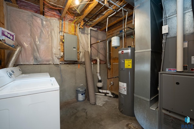 interior space featuring washer and clothes dryer, electric panel, and electric water heater