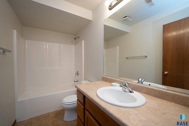 full bathroom with toilet, shower / tub combination, vanity, and tile patterned floors