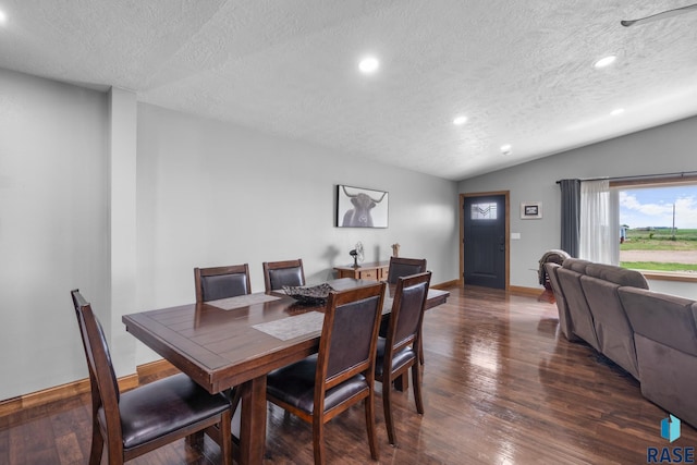 dining room featuring lofted ceiling, a textured ceiling, and dark wood-type flooring