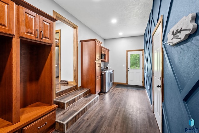 mudroom featuring dark wood-type flooring