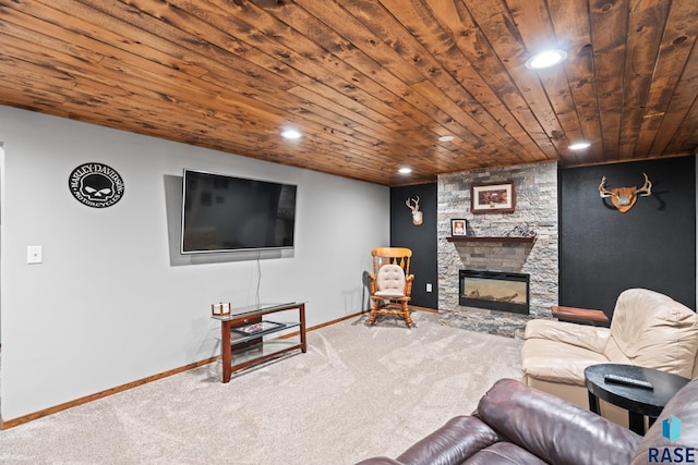 carpeted living room with wood ceiling and a fireplace