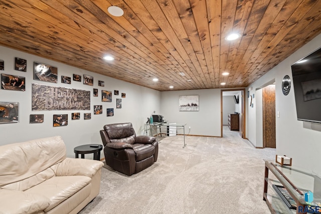 interior space with wooden ceiling and light colored carpet