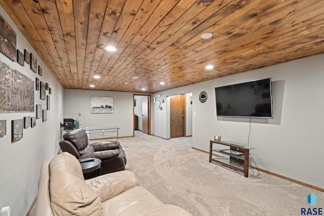 carpeted living room featuring wooden ceiling