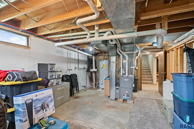 basement with electric water heater and heating unit