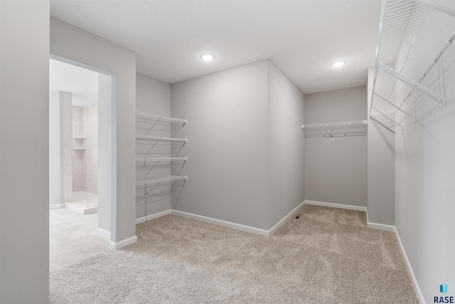 spacious closet featuring light colored carpet