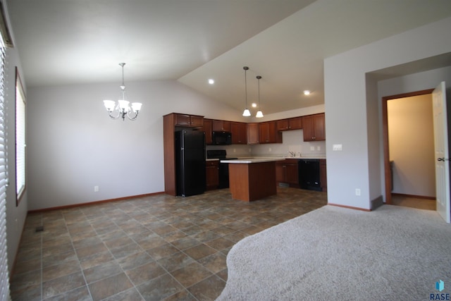 kitchen with lofted ceiling, decorative light fixtures, black appliances, and a kitchen island