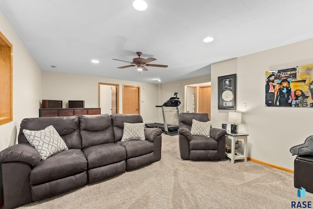 living room with carpet flooring and ceiling fan