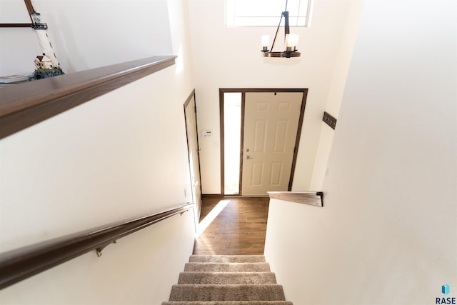 foyer entrance featuring a high ceiling, dark hardwood / wood-style floors, and a notable chandelier